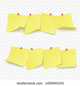 Reminder board with empty yellow stickers attached with red pins. Vector illustration isolated on transparent background