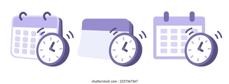 Reminder in calendar with clock icon set isolated on white background. Notifications page. Alert for business planning, events.