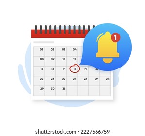 Reminder in calendar. Calendar with clock and notification bell. alert for business planning ,events, reminder. Vector illustration.