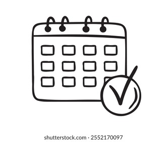 Reminder and calendar doodle hand drawn icon. Outline drawing Reminder and calendar with a check mark line clipart symbol. Vector illustration