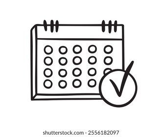 Reminder and calendar doodle hand drawn icon. Outline drawing Reminder and calendar with a check mark line clipart symbol. Vector illustration