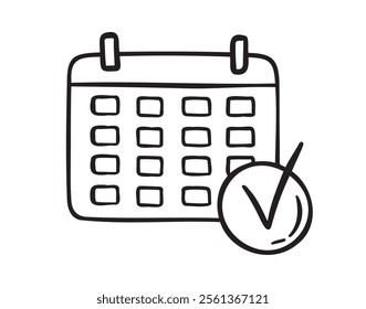 Reminder and calendar doodle hand drawn icon. Outline drawing Reminder and calendar with a check mark line clipart symbol. Vector illustration