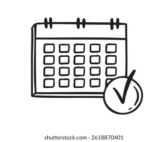 Lembrete e calendário ícone de desenho à mão doodle. Lembrete de desenho de estrutura de tópicos e calendário com um símbolo de clipart de linha de marca de seleção. Ilustração vetorial
