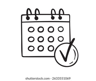 Lembrete e calendário ícone de desenho à mão doodle. Lembrete de desenho de estrutura de tópicos e calendário com um símbolo de clipart de linha de marca de seleção. Ilustração vetorial
