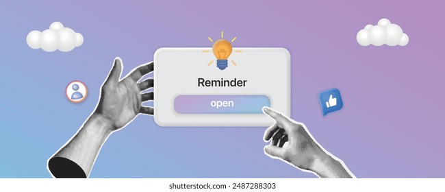 Reminder in calendar and hand to press button. notifications page with floating elements. Notifications page with floating elements. Business planning ,events, reminder and timetable