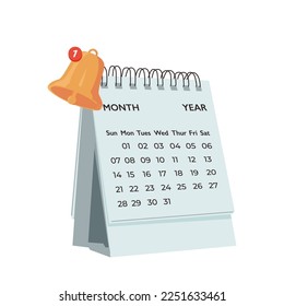 Erinnerung im Kalender auf violettem Hintergrund. Benachrichtigungsseite mit schwimmenden Elementen. Warnung für Geschäftsplanung , Events, Erinnerung im Kalenderhintergrund. Vektorglocke auf dem Kalender