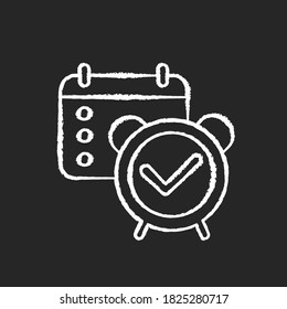Reminder check chalk white icon on black background. Organizer checkmark. Meeting date in calendar. Schedule planning. Tick with mark. Office planning. Isolated vector chalkboard illustration