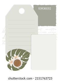 Reminder collage decoupage  scrapbooking notes to do list planner, text, lined paper, coffee lillia monstera. Vintage craft. Vector illustration
