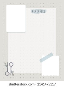 Reminder collage to do list notes planner, scrap of paper, stamp key. Vintage craft. Vector illustration