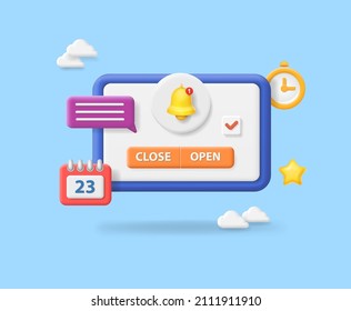 Reminder concept in 3d design mockup. Notifications. Planning organize the work time app, clock and calendar icons. time management.