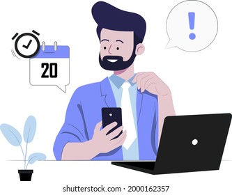 reminder concept flat design illustration, businessman holding mobile showing reminder, a reminder popup, date reminder, calendar 