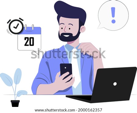 reminder concept flat design illustration, businessman holding mobile showing reminder, a reminder popup, date reminder, calendar 