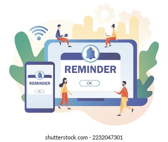 Concepto de recordatorio. Nuevo aviso. Página de notificaciones con timbre de notificación en smartphone y laptop. Recordatorio importante. Mensaje de inserción de eventos. Estilo moderno de dibujos animados planos. Ilustración del vector 