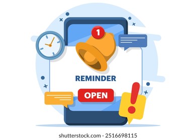 Conceito do lembrete, página de notificação, notificação de alerta. Lembrete para planejamento de negócios, marketing por e-mail, publicidade on-line, eventos importantes, lembretes de calendário e agendas. Ilustração vetorial.