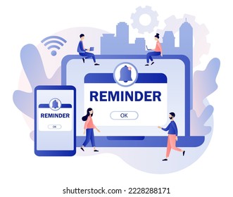 Reminder concept. Notifications page with notification bell on smartphone and laptop. New notice. Important reminder. Event push message. Modern flat cartoon style. Vector illustration 