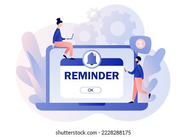 Concepto de recordatorio. página Notificaciones con el timbre de notificación en el portátil. Nuevo aviso. Recordatorio importante. Mensaje de inserción de eventos. Estilo moderno de dibujos animados planos. Ilustración del vector sobre fondo blanco
