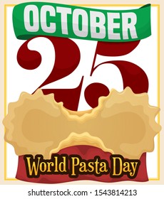 Reminder date with ribbon, delicious farfalline pasta and tablecloth for World Pasta Day celebration this October 25.