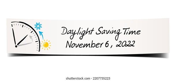 Reminder day light saving time, november 6, 2022 - Bent paper banner with hand written note and clock drawing with icons
