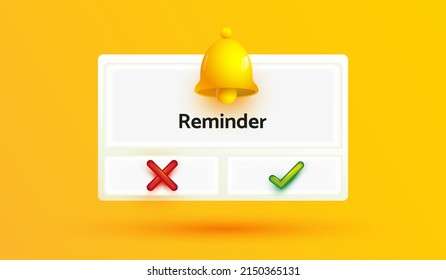 reminder design. Notifications page with yellow bell sign 3d vector Illustration for business planning events timetable development Email marketing and online advertising concept