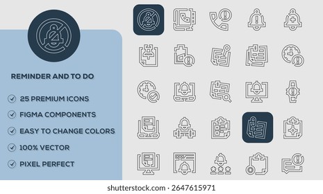 Lembrete e ícones de tarefas pendentes definidos. Ilustração vetorial em estilo de linha fina moderna de ícones relacionados a negócios: trabalho em equipe, documentos, dispositivos e muito mais. Pictogramas e infográficos para aplicativos móveis.