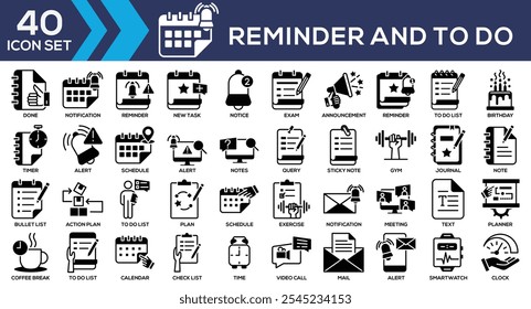 Reminder To Do, To do list, Plan, Schedule, Exercise, Notification and more. Outline icons vector collection