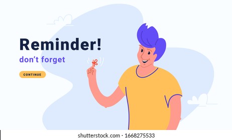 Reminder, do not forget an important task. Young man standing and showing his hand and red tape on the finger. Flat modern concept vector illustration of pointing finger and notification