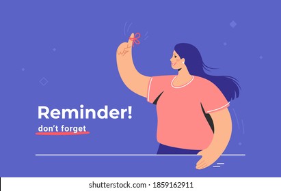 Reminder, do not forget an important task. Young woman standing and showing his hand and red tape on the finger. Flat modern concept vector illustration of pointing finger to remind and notify tasks