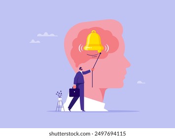 Reminder, do not forget an important concept, remember, bell in the head, businessmen pulling bells inside head