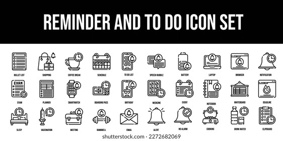 Reminder and To Do stroke outline icons set vector
