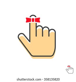 Reminder Finger Icon Vector Symbol With Simple Red String Bow Ribbon, Pointer Hand Up With Thumb In Outline Linear Flat Style, Logo Idea, Label Illustration Design Isolated On White Background