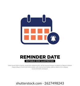 Reminder Icon. Calendar Page with Bell Notification Symbol. Flat Editable Vector.