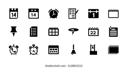 Reminder icon. collection of 18 reminder filled icons such as alarm, calendar, check list, pin, paper pin, 14 date calendar, bell. editable reminder icons for web and mobile.
