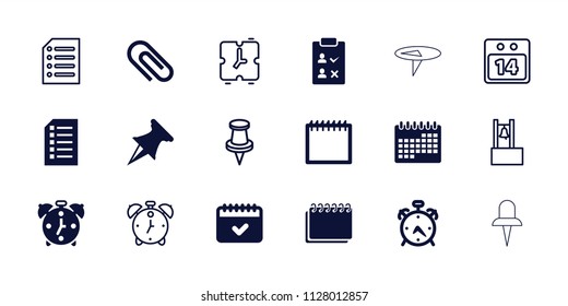 Reminder icon. collection of 18 reminder filled and outline icons such as alarm, calendar, clip, pin, paper, 14 date calendar. editable reminder icons for web and mobile.