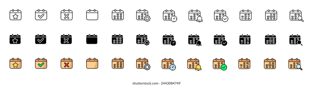 Reminder icon collection. Calendar icons. Linear, silhouette and flat style. Vector icons
