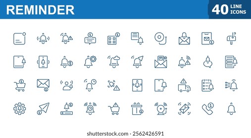 Reminder icon collection. Containing ring, letter, warn, phone, bell, call, interface. Set of minimalist line pictogram. Vector illustration.