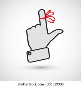 Reminder icon. Man's hand holds finger with red bow