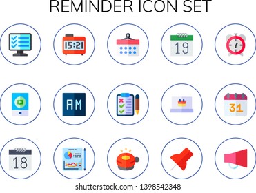 reminder icon set. 15 flat reminder icons.  Simple modern icons about  - exam, event, alarm clock, day, calendar, list, planning, ringer, push pin, notification