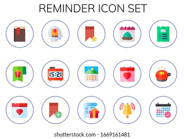 conjunto de iconos de recordatorio. 15 iconos planos de recordatorio. Incluido agenda, marcador, memorizar, despertador reloj, calendario, fecha, lista, jengibre, iconos de notificación