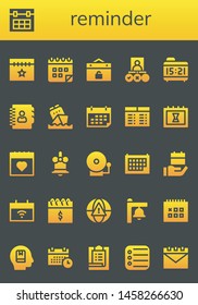 reminder icon set. 26 filled reminder icons.  Simple modern icons about  - Calendar, Event, Tasks, Alarm clock, Agenda, Timetable, Bell, Alarm bell, Alarm, Memorize, Schedule