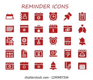  reminder icon set. 30 filled reminder icons. Simple modern icons about  - Calendar, Agenda, Alarm clock, Push pin, List, Event, Bells, Alarm, Paperclip, Tea time, Date, Notification