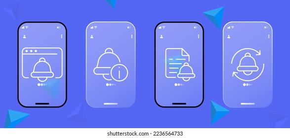 Reminder icon set. Alarm clock, message, notification, bell, alarm jingle, ringtone, call. Sound concept. Ui phone app screen. Glassmorphism style. Ui phone app screen.
