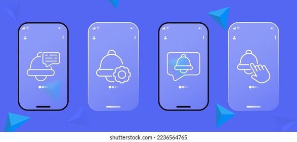 Juego de iconos de recordatorio. Alarma, tono de llamada, mensaje, campana, jingle de alarma, reloj, notificación, llamada. Concepto de sonido. Pantalla de la aplicación del teléfono Ui. Estilo de glasmorfismo. Pantalla de la aplicación del teléfono Ui.