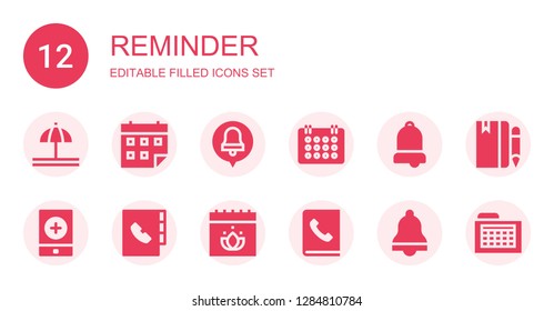 reminder icon set. Collection of 12 filled reminder icons included Bell, Calendar, Alarm bell, Event, Agenda, Schedule