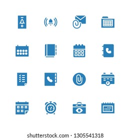 reminder icon set. Collection of 16 filled reminder icons included Schedule, Calendar, Alarm clock, Attach, Agenda, Tasks, Appointment book, Attachment, Notification