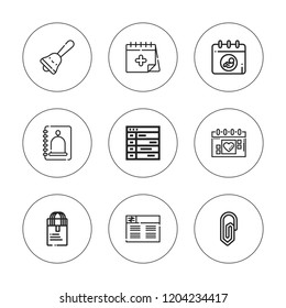 Reminder icon set. collection of 9 outline reminder icons with bell, calendar, clip, date, schedule, strings icons. editable icons.