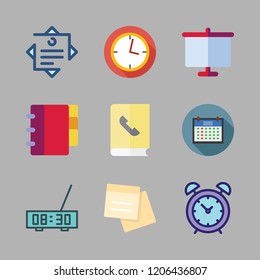 reminder icon set. vector set about calendar, white board, notes and clock icons set.