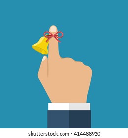 Reminder Icon. Vector Illustration. Reminder String. Forefinger With Red Ribbon Reminder And Bell. Forgetfulness, Dont Forget. Important Icon. Vector Illustration Flat Design.