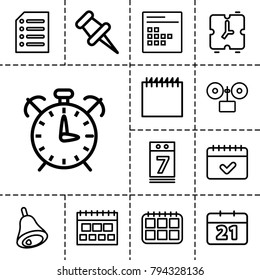 Reminder icons. set of 13 editable outline reminder icons such as calendar, calendar 7 date, paper, bell, alarm