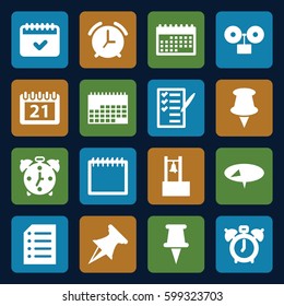 reminder icons set. Set of 16 reminder filled icons such as calendar, check list, pin, paper, alarm, bell