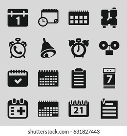 Reminder icons set. set of 16 reminder filled icons such as alarm, calendar, medical appointment, calendar 7 date, paper pin, bell, calendar with clock, clock alarm